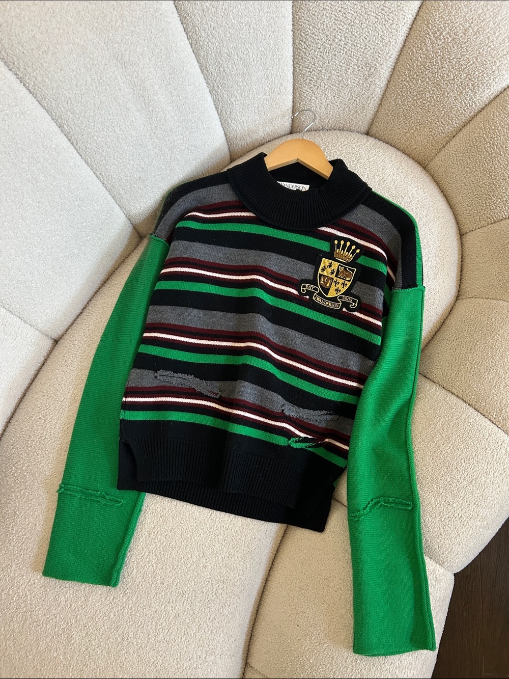 J.W. Anderson Green-Sleeve Striped Crewneck with Crest Patch